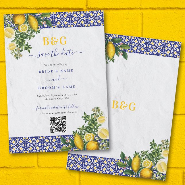 Blauer weißer, gelber Mittelmeerfleck Save The Date (Blue White Yellow Mediterranean Tile Lemon Wedding Save The Date)
