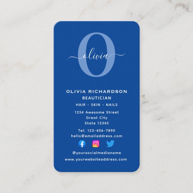 Blauer weißer Girl für vertikale Monogramm-Skriptn Visitenkarte (Vorderseite)