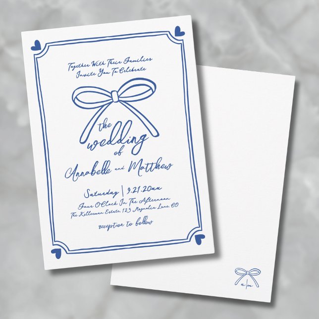 Blauer weißer Händeschwalbe Einladung (Blue White Hand Drawn Whimsical Bow Wedding Invitation)