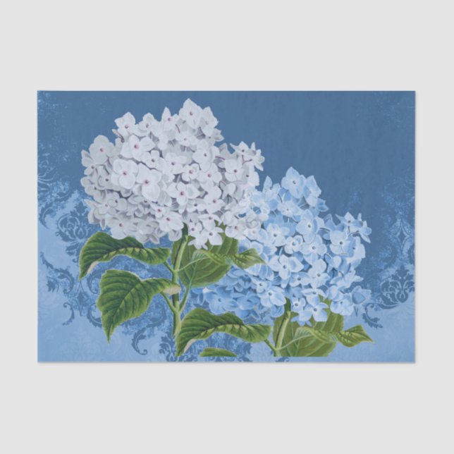 Blauer weißer Hydrangea-Vintages Seidenpapier (Vorderseite)