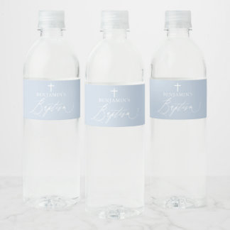 Blauer Weißer Kreuz Taufen Wasser Flasche Etikett