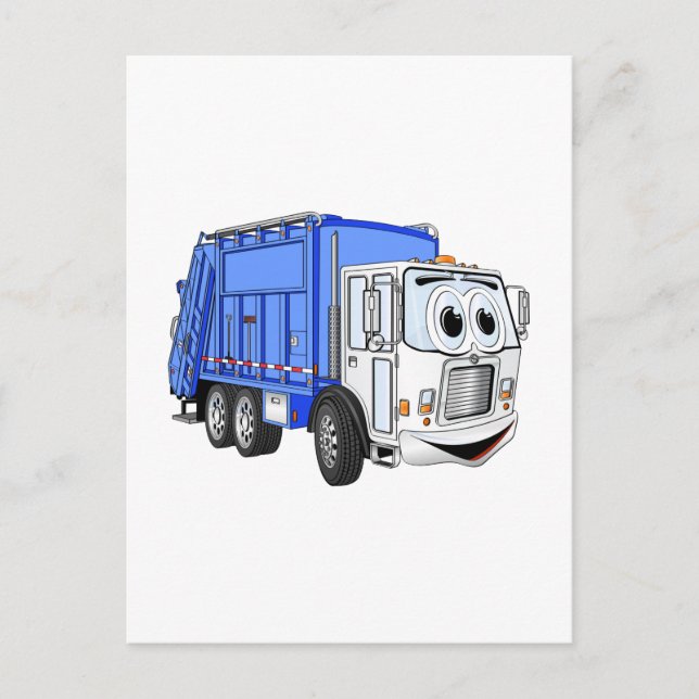 Blauer weißer Lächeln Garbage Truck Cartoon Postkarte (Vorderseite)