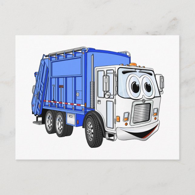 Blauer weißer Lächeln Garbage Truck Cartoon Postkarte (Vorderseite)