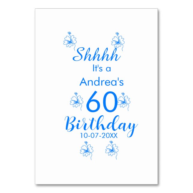 Blauer weißer Lila-Schuh 60. Geburtstag Blumenname Tischnummer (Vorderseite)