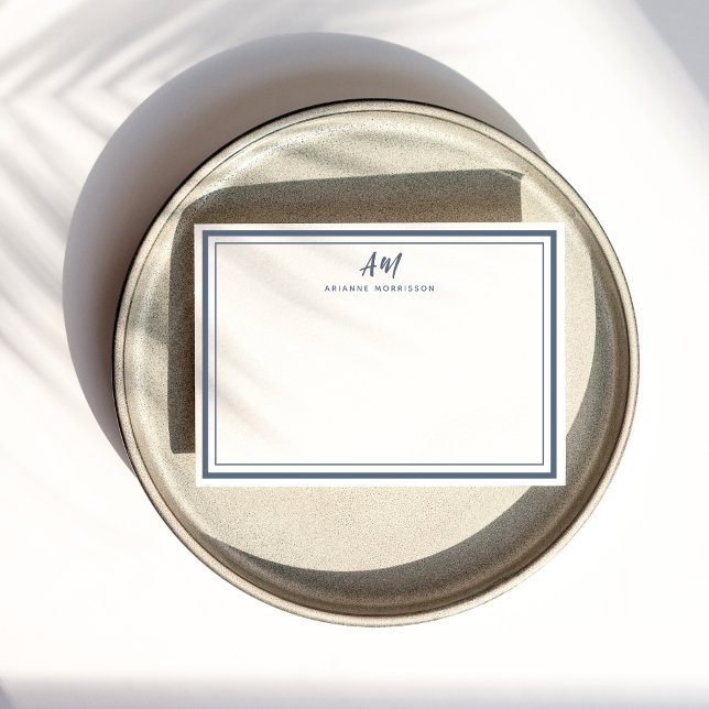 Blauer weißer Monogram dünner & dicker Border Mitteilungskarte (Von Creator hochgeladen)