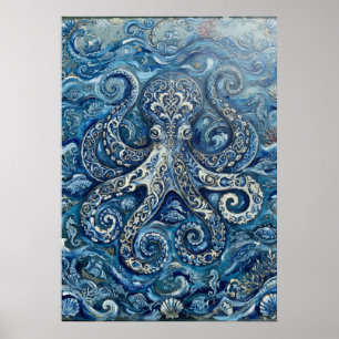 Blauer Weißer Oktopus Ozean Poster