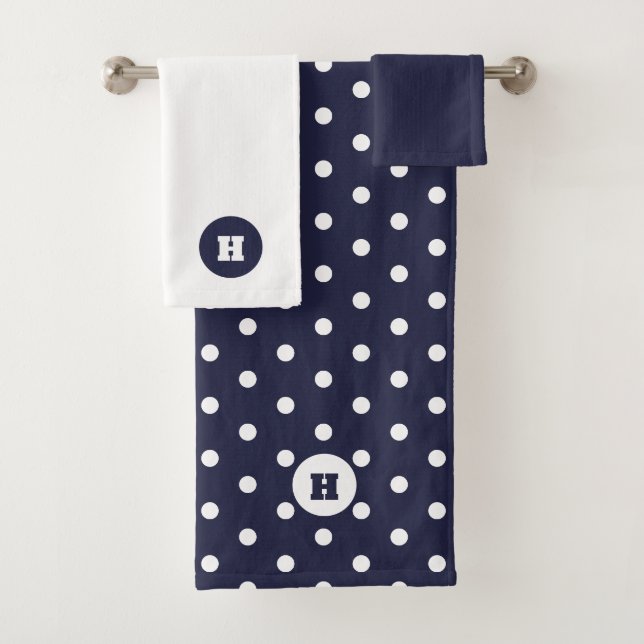 Blauer weißer Polka Dot Monogram Badetuch Set (Insitu)