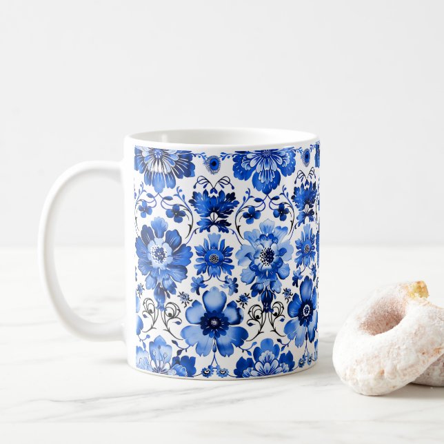 Blauer Weißer Portugiesischer Azulejo Keramik Tass Kaffeetasse (Mit Donut)