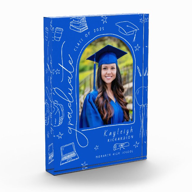 Blauer, weißer Retro-Hand gezogener Abschluss Foto (Links)