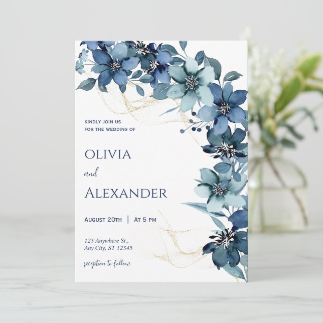 Blauer weißer Rustikaler Hochzeitsempfang Einladung (Stehend Vorderseite)
