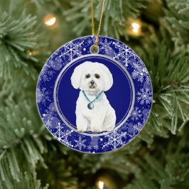 Blauer weißer Schneeflocken Malteser Hund Weihnach Keramik Ornament