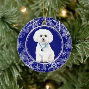 Blauer weißer Schneeflocken Malteser Hund Weihnach Keramik Ornament