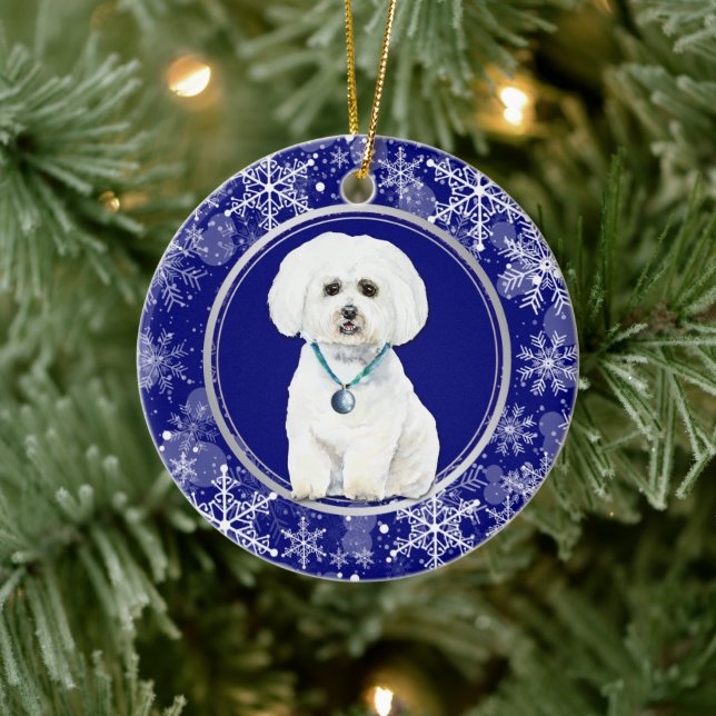 Blauer weißer Schneeflocken Malteser Hund Weihnach Keramik Ornament (Baum)