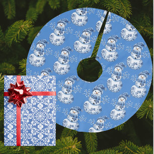 Blauer weißer Schneemann Polyester Weihnachtsbaumdecke