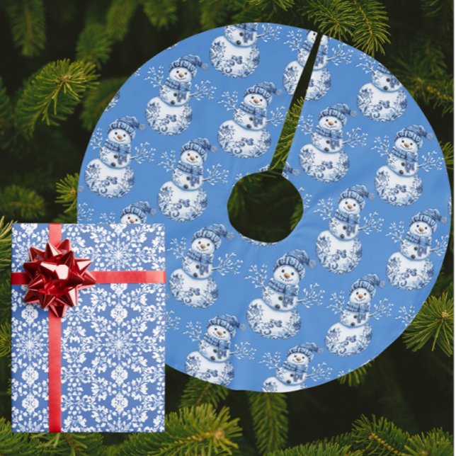 Blauer weißer Schneemann  Polyester Weihnachtsbaumdecke (Happy jolly snowman tree skirt!)