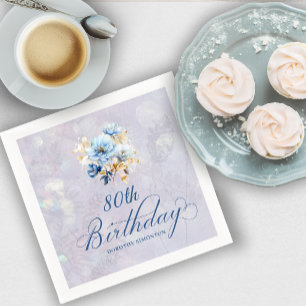 Blauer Weißer Wasserfarben Floral 80. Geburtstag Serviette