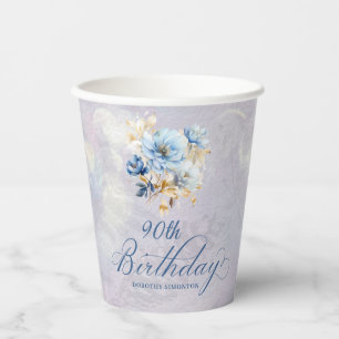 Blauer Weißer Wasserfarben Floral 90. Geburtstag Pappbecher