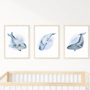 Blauer Weißer Watercolor Baleen Humpback Whale Poster