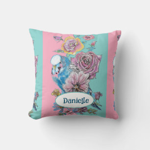 Blauer Wellensittich-Vogel Rose Blumenrosa Aqua Mä Kissen