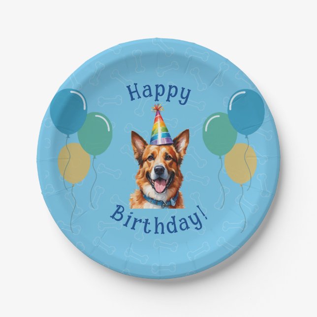 Blauer Welpenhund Birthday Paw-ty Pappteller (Vorderseite)