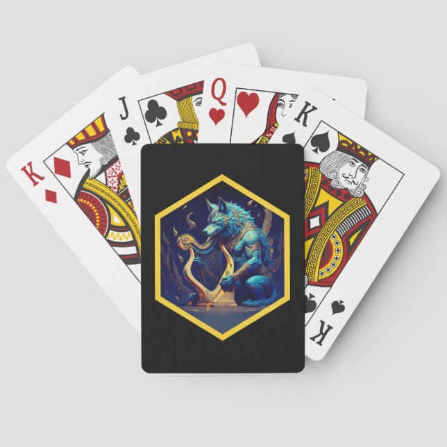 Blauer Werwolf spielt eine goldene Harfe Spielkarten (Rückseite)