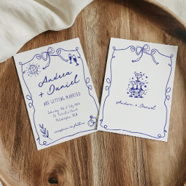 Blauer Whimsical Quirky Hand gezeichnete Hochzeit Einladung