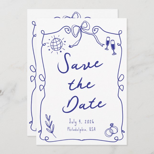 Blauer Whimsikspass Quirky Hand gezeichnete Hochze Save The Date (Vorne/Hinten)