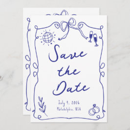 Blauer Whimsikspass Quirky Hand gezeichnete Hochze Save The Date