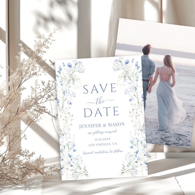 Blauer Wildblume Floral Boho Save the Date Foto Einladung (Von Creator hochgeladen)