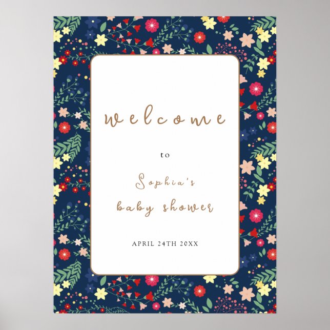 Blauer Wildblume Frame Baby Dusche Willkommen Poster (Vorne)