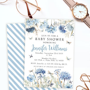 Blauer Wildblume Schmetterling Babydusche Einladung