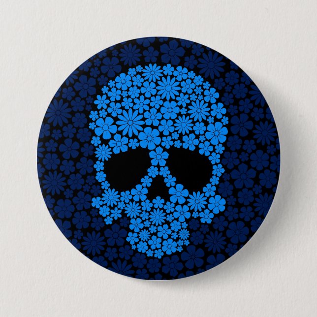 Blauer wilder Blumen-Schädel Button (Vorderseite)