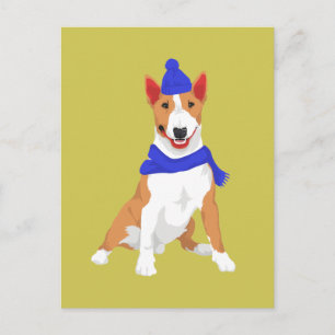 Blauer Winter-Hut-und Schal-Miniatur-Bullterrier Postkarte