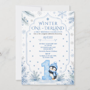 Blauer Winter ONEderland Pinguin-Schneeflocken-Geb Einladung