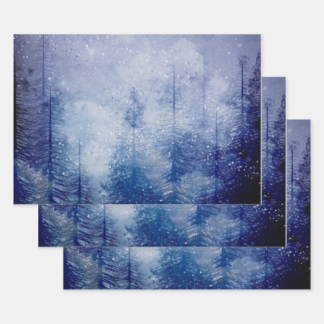 Blauer Winter Pine Tree Wald Geschenkpapier Set (Set)
