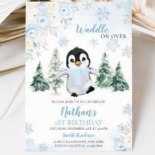 Blauer Winter-Pinguin-Geburtstagsfeier Einladung