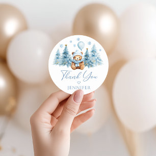 Blauer Winter-Teddybär-Baby-Junge-Shower-Dankeschö Runder Aufkleber