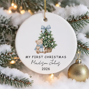Blauer Winter-Teddybär Baby's erstes Weihnachten Keramik Ornament