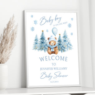 Blauer Winter-Teddybär-Kiefern-Baby-Junge-Shower Poster