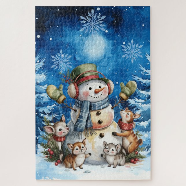 Blauer Winter Weihnachtsmann & Waldtiere Puzzle (Vertikal)
