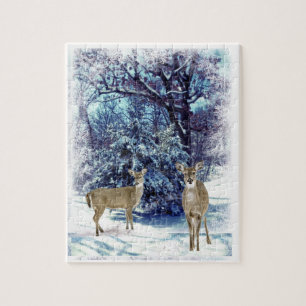 Blauer Winter-Wunderland mit Rehhirschen Puzzle