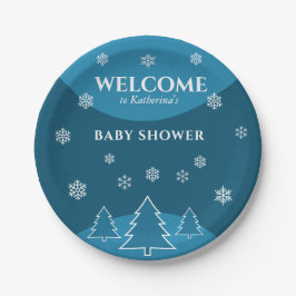 Blauer Winter Wunderland Schneeflocken Bäume Babys Pappteller