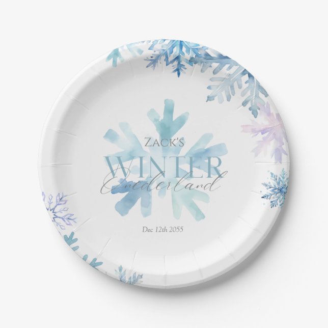 Blauer Winter-Wunderland-Schneeflocken-Erstgeburts Pappteller (Vorderseite)