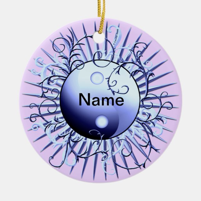 Blauer Wirbel Yin Yang  Keramik Ornament (Vorne)