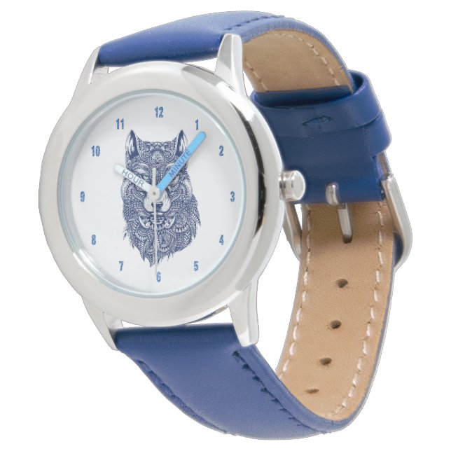 Blauer Wolf Detaillierte Illustration Armbanduhr (Schrägansicht)