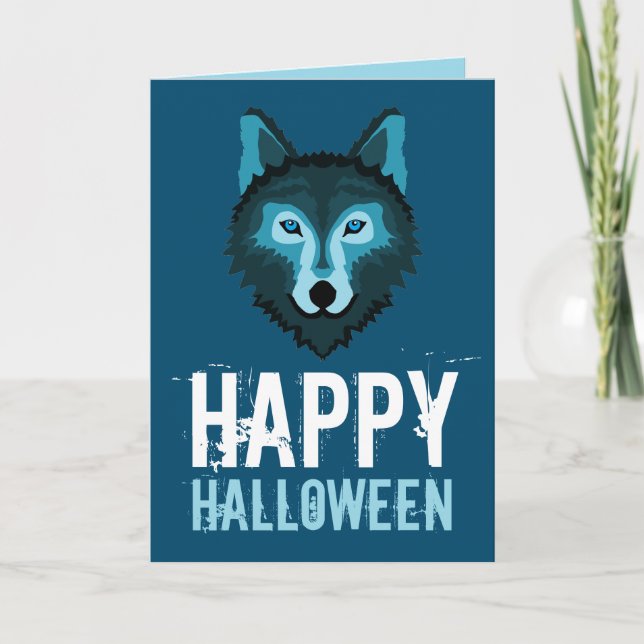 Blauer Wolf, glückliches Halloween Karte (Vorderseite)
