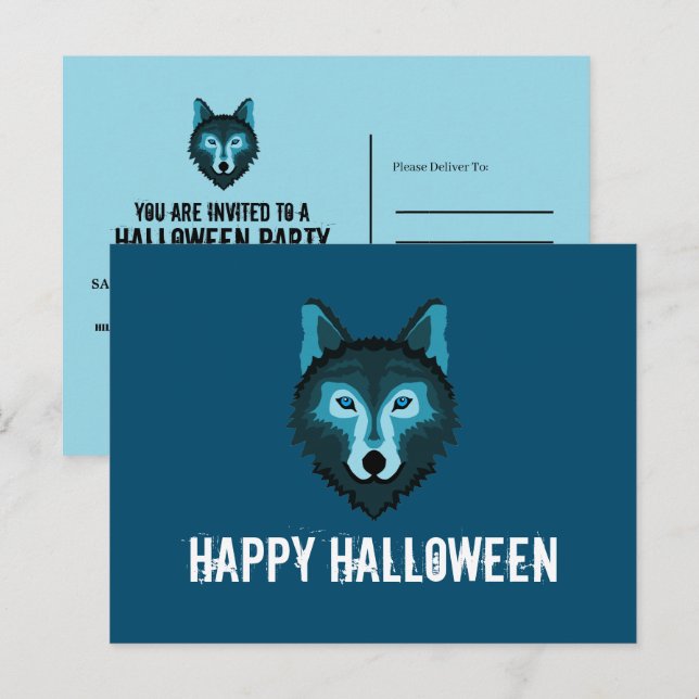 Blauer Wolf, Halloween-Party Einladungspostkarte (Vorne/Hinten)
