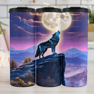 Blauer Wolf Howls auf Vollmond. Thermosbecher