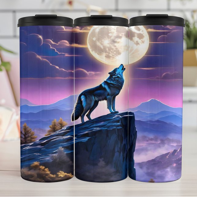 Blauer Wolf Howls auf Vollmond. Thermosbecher (Von Creator hochgeladen)