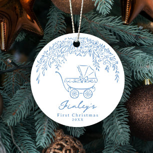 Blauer wunderlicher Kinderwagen Baby's erstes Weih Keramik Ornament